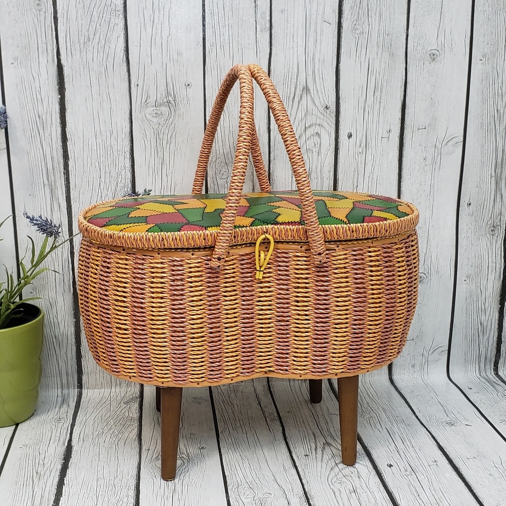 Vintage Exclusively For Singer MidCentury Wicker Sewing Basket Patchwork Design